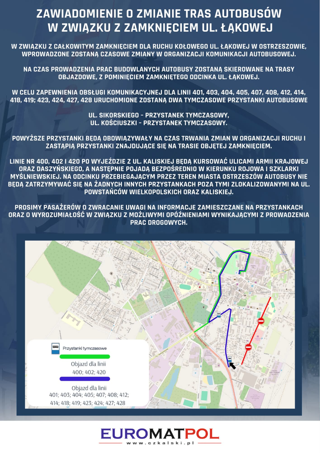 Zmiana tras autobusów w związku z zamknięciem ulicy Łąkowej
